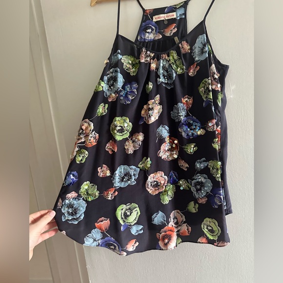 Rebecca Taylor Black Multicolor Floral Sequin Silk Tank Top size 6 EUC - Picture 5 of 8